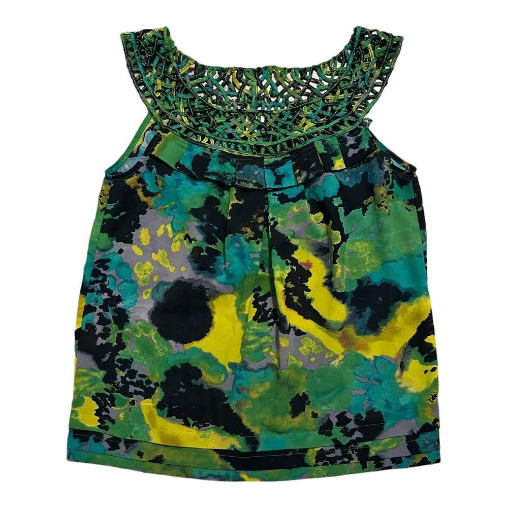 Odille Anthropology Womens Blouse Green Black Abstract Sleeveless Scoop Neck S 4